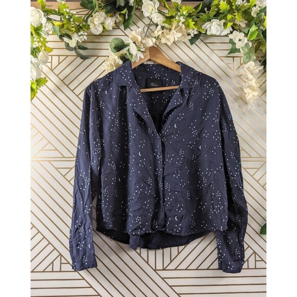 Rails Navy Galaxy Star Print Button Front Cropped Boxy Top Blouse Womens Size M - Picture 1 of 8